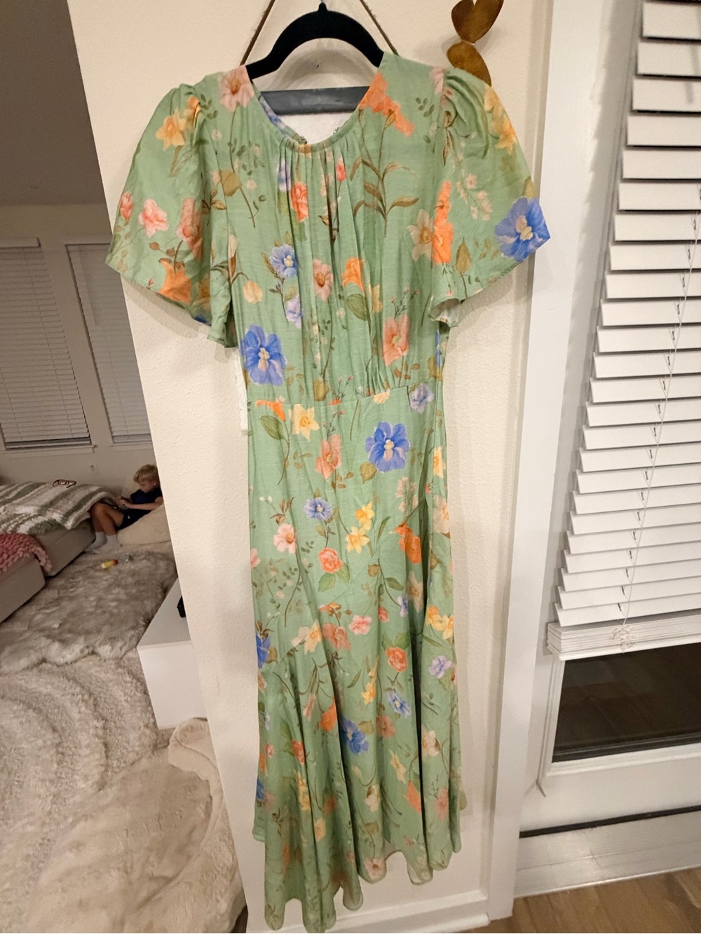 Light Green Floral Maxi Dress with Puff Sleeves runs small